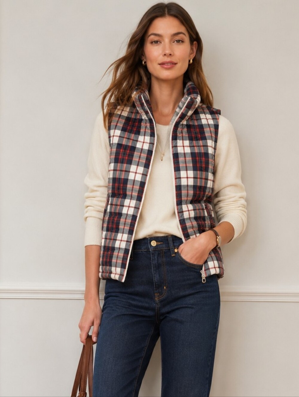 New! Lands' End Lighthouse Down Vest Deep Sea Plaid HyperDry NWT Large